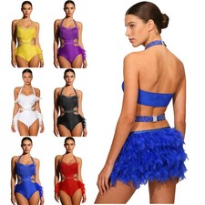 Women's Latin Dance Unitard Feather Tutu Skirt Leotard Lyrical Salsa Dancewear