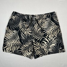 Quiksilver Men's XL Black Beige Gray Tropical Palm Leaf Swim Trunks Board Shorts