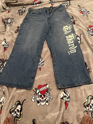 Ed Hardy Wide Leg Jeans Born Free Blue Denim Size 30 x 32  Buckle Tab NEW Womens