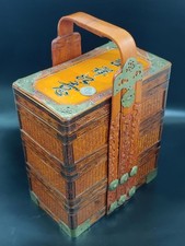 Antique Chinese Wedding Assemble Bamboo Weaving Carved Painted Arts Basket Cases