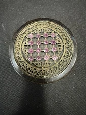 Powder Compact, Vintage, Metal with Filigree Work & Amethyst Glass, 2-1/2"R