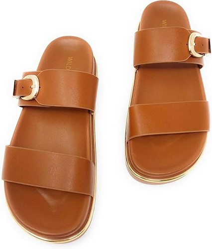 Women's Double Strap Gold Buckle Accent Casual Slide Sandals Chaza-1 Wild Diva - Picture 7 of 21