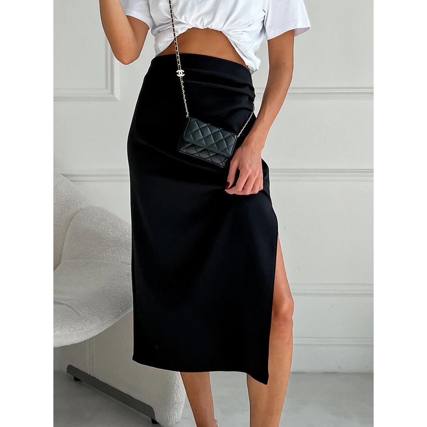 Commense Midi Skirt Women Size S Black Ruched Side Slit High Waisted Pencil New-image
