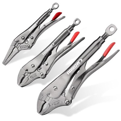 Arrow 3-Piece Locking Pliers Set - 6.5'' Long Nose and 7'' & 10'' Curved Jaw 