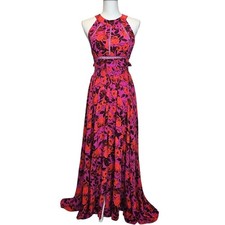 Abel The Label Floral Halter Maxi Dress Size Small Pink Red Slit Resort Vacation