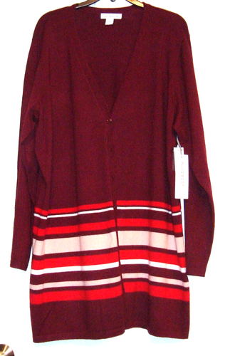 NWT $49 XXL Woman’s button down Long cardigan sweater Burgundy / stripes
