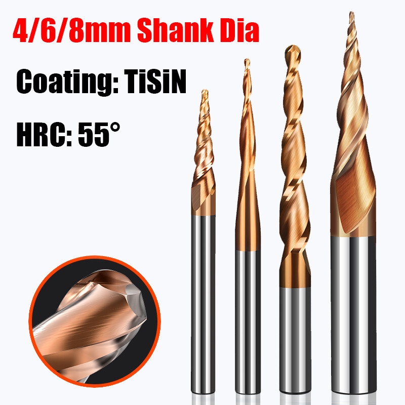 Carbide Tapered Ball Nose End Mill 2 Flute R0.25R2.0 & 4/6/8mm Shank