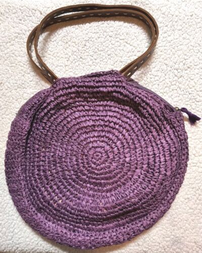 ANTHROPOLOGIE Lucky Penny Purple Rafia Woven Straw Shoulder Bag Leather Straps - Bild 2 von 8