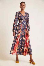 NWT FARM Rio for Anthropologie Petite Gracia Wrap Maxi in Navy Floral Dress MP