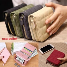Womens Women Quilted Mini Section Card W5 Leather Zipper Coin Purse Wallet 