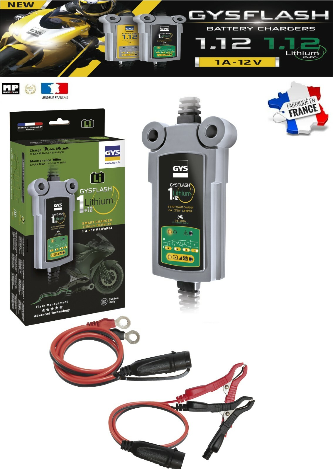 Chargeur batterie moto GYS GYSFLASH LITHIUM 1.12 pour hivernage