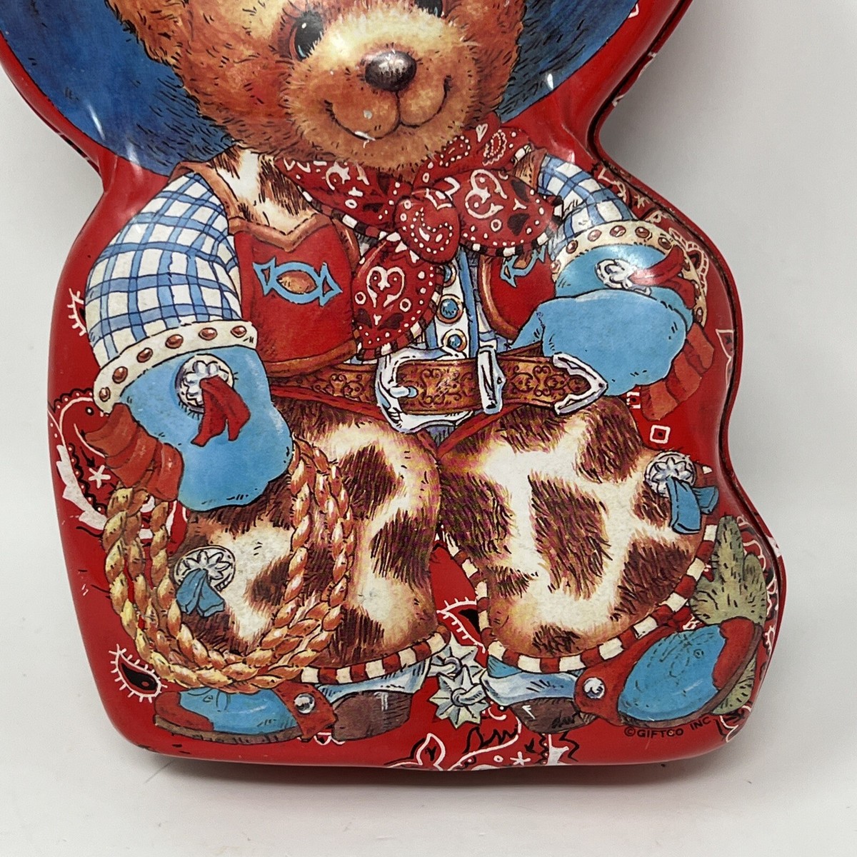 Vintage Tin Giftco Cowboy Teddy Bear Shaped Chaps Red