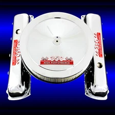 Chrome Valve Covers and Air Cleaner Combo Fits Olds 350 Engines Red 350 Emblems
