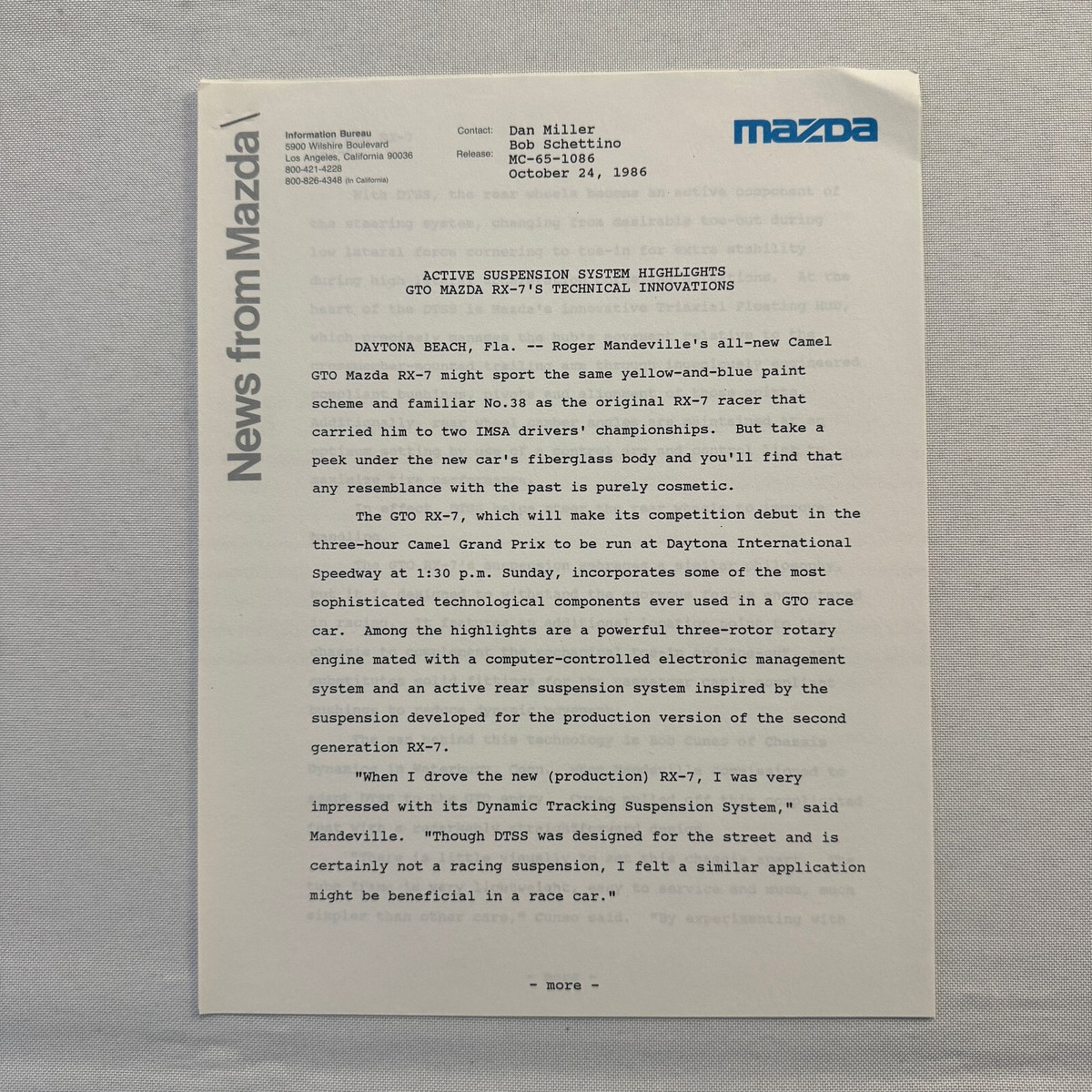 1986 Mazda RX-7 Racing Press Kit Brochure Photos Camel GT | eBay