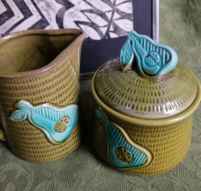 Cottagecore Vintage Avocado Green Pear Japan Sugar And Creamer Textured 1970s 
