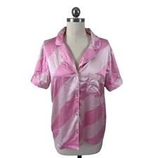 Victoria's Secret Pajama Shirt Womens Small Pink Satin Striped Button Up Preppy