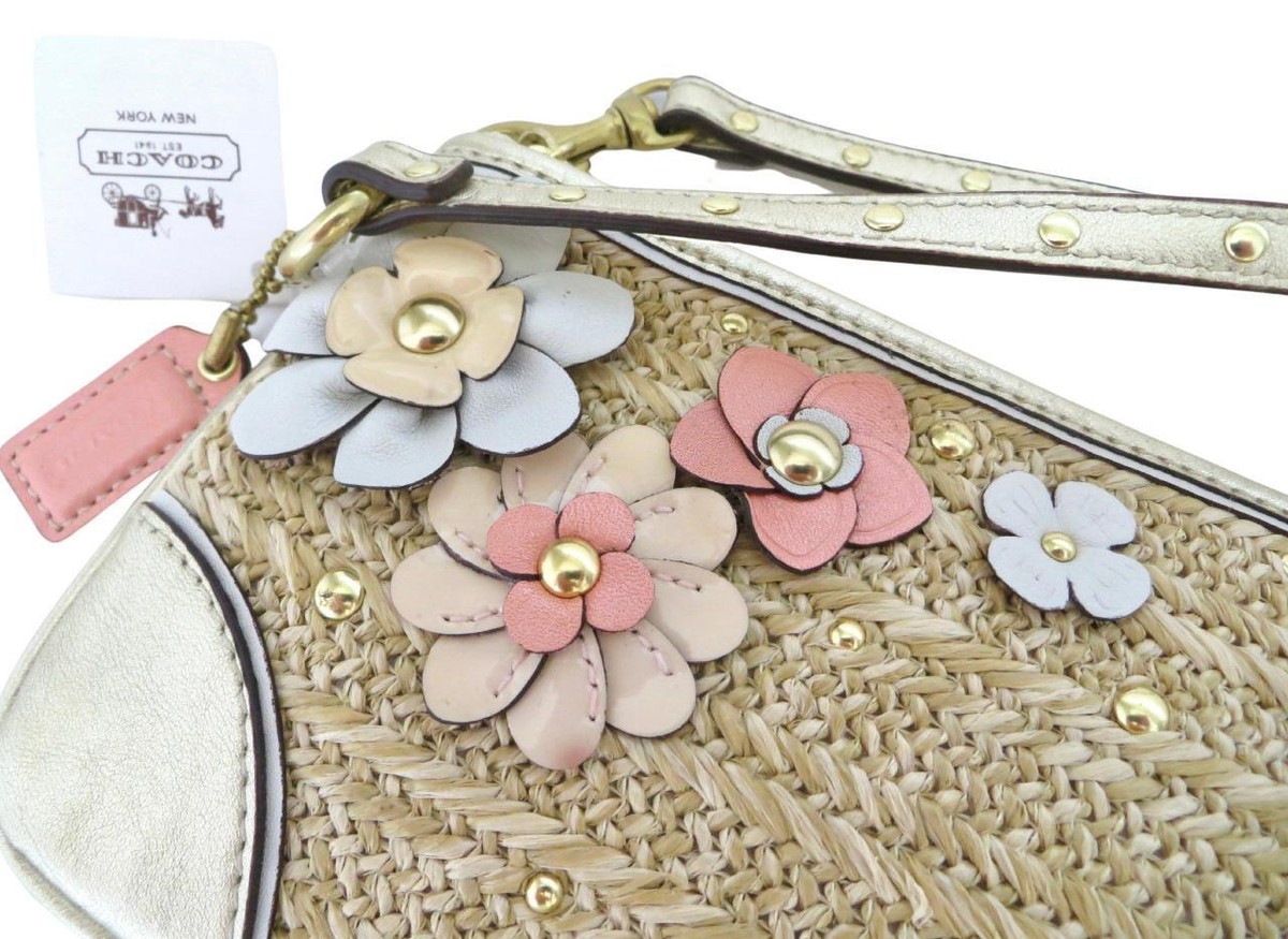 New NWT Coach Straw XL Wristlet Clutch Purse Ivory Pink Peach Gold