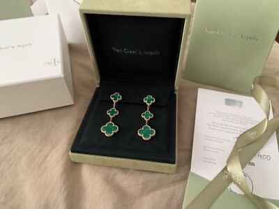 Rare! Van Cleef and Arpels VCA Magic Alhambra Earrings 3 Motifs Green Malachite