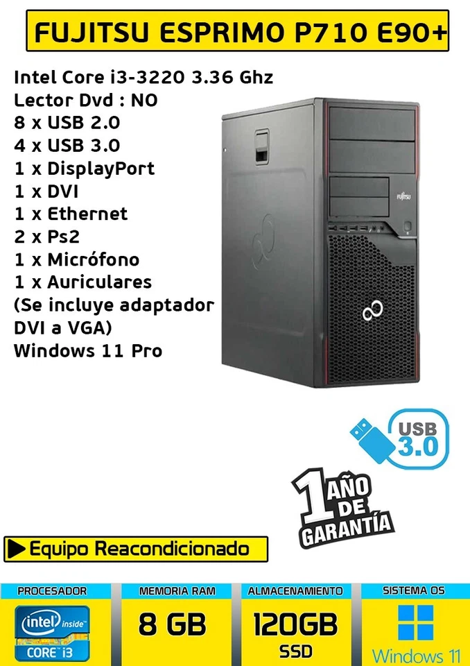 ORDENADOR SOBREMESA FUJITSU ESPRIMO P710 MT CORE I3 8GB RAM 120GB SSD WINDOWS 11 - Imagen 4 de 4