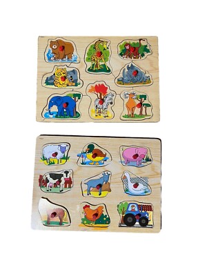 Wooden Puzzles With Easy Grip Pegs Lot of 2 Jungle Barnyard Animals Play School