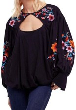 Free People Lita Top Floral Embroidered Cutout Black Blouse Long Sleeve Small S