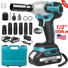 Cordless Impact Wrench 1/2" High Torque Brushless Drill 2 Battery 18V For Makita