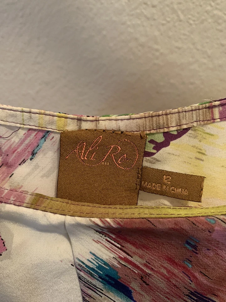 Vestido Ali Ro colorido 100 % seda correa espagueti talla 12 volante delantero cremallera lateral Foto 4 de 4