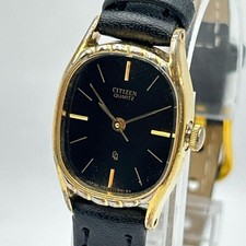 Citizen Quartz Dress Watch Vintage Gold Black Dial New Battery Belt Leather