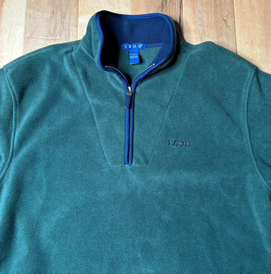 De colección Izod Cuarto Cremallera Vellón Hombres L Preppy Años 90 Verde con Borde Azul Foto 2 de 4