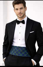 Vintage Cummerbund Green Blue Tartan Cotton Adjustable Formal Tuxedo Wedding 48"