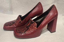 1990s CHARLES DAVID Red Leather Snakeskin Embossed Block Heel Loafers Size 8-1/2