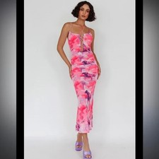 Vestido rosa midi acanalado corpiño con cordones jardín gitano Saints & Secrets talla mediana nuevo con etiquetas