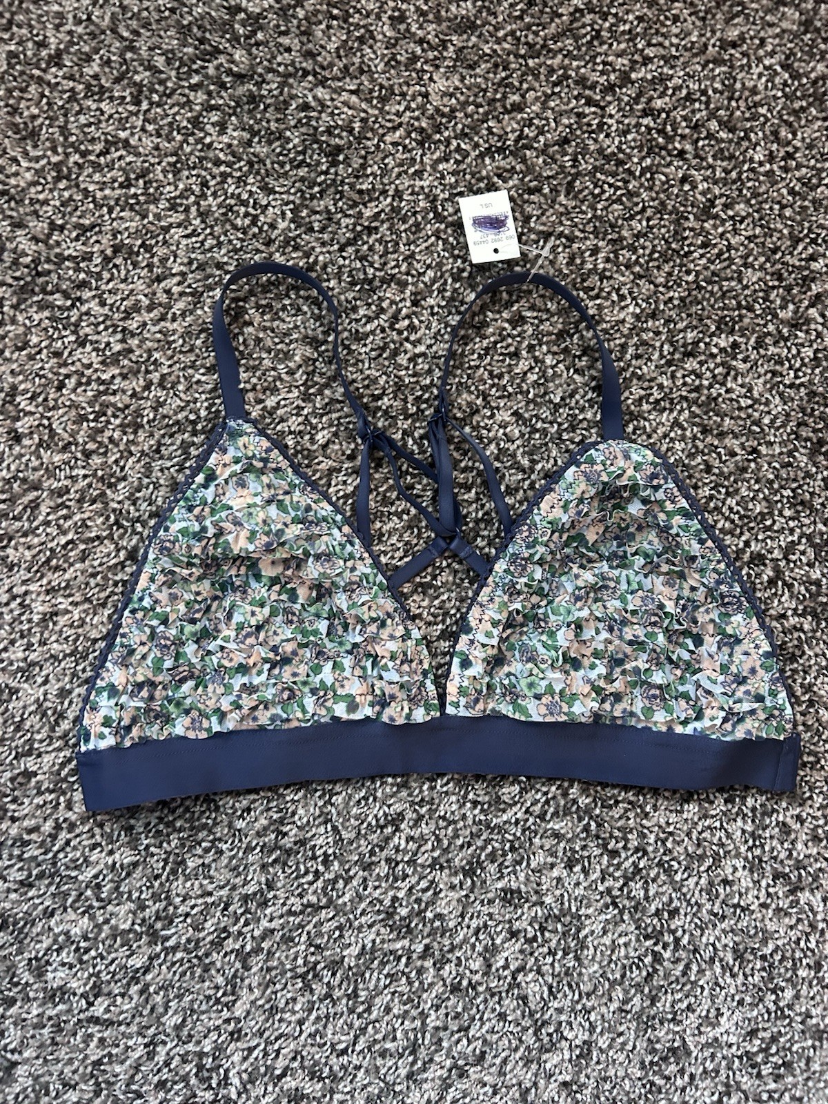 Aerie Floral Mesh Bralette Wireless Pullover Blue Adjustable Strap Large
