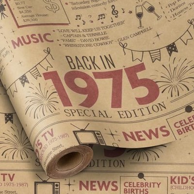 Kraft Wrapping Paper Roll 17'' 16.4 ft Back in 1975 Newspaper Vintage Design