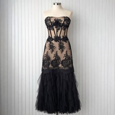 Black Lace Appliqué Nude Illusion Corset Formal Gown Sz 3 Ruffled Tulle Romantic