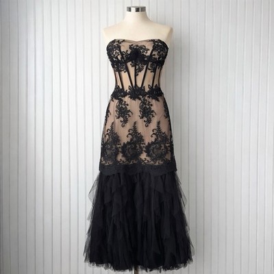 Black Lace Appliqué Nude Illusion Corset Formal Gown Sz 3 Ruffled Tulle Romantic