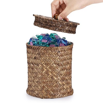 Wicker Laundry Pods Container with Lid, Natural Seagrass Pod Holder for Laund...
