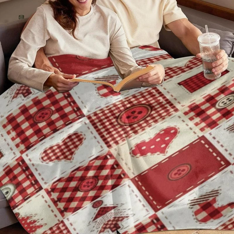 Hearts and Buttons Christmas Gifts Throw Blanket Traditional Country Patchwork - Image 2 of 4