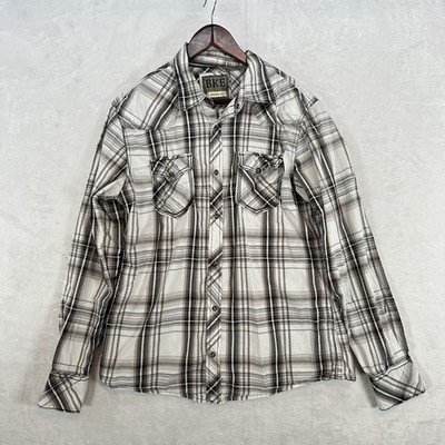 BKE Shirt Mens Large Brown Gray Plaid Athletic Fit Western Pearl Snap Up Button