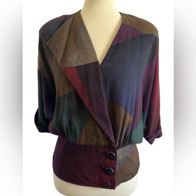 The Strawberry Plant Retro Patchwork Wrap 80s V Neck Blouse Size Medium 9/10