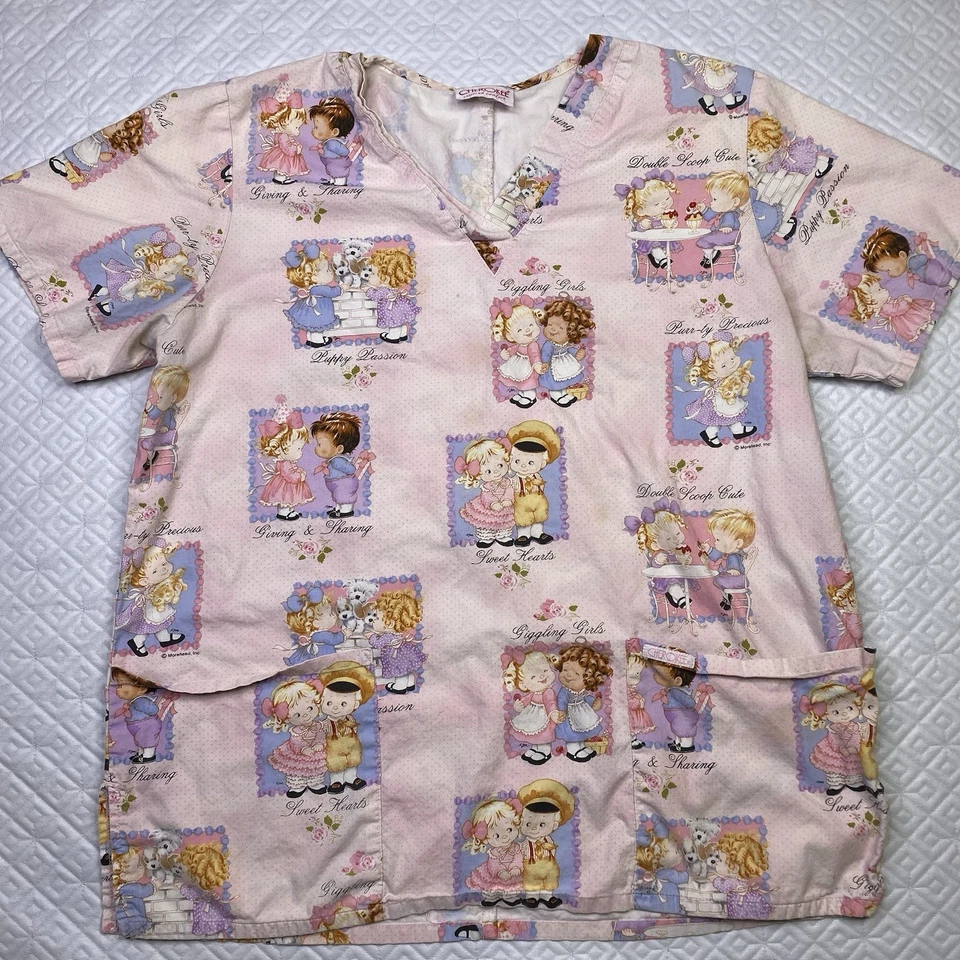 Vintage 90S Nurse Scrub Top Sweet Hearts Giving And Sharing Extra Large #XL1 - Image 2 of 4