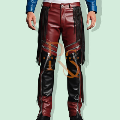 Men Western Two Tone Hard Rock Leather Pants Biker Style Pants Lambskin Leather