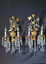 Vintage Italian Pair wall lights Wall sconces Metal  Crystal Gold Color 2 Arms