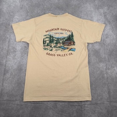 Vintage 90's Anvil Mountain Outpost Grass Valley CA Pocket T-Shirt Tan