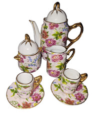 VTG Miniature Porcelain Tea Set Floral Pink 22K Gold Trim Collector