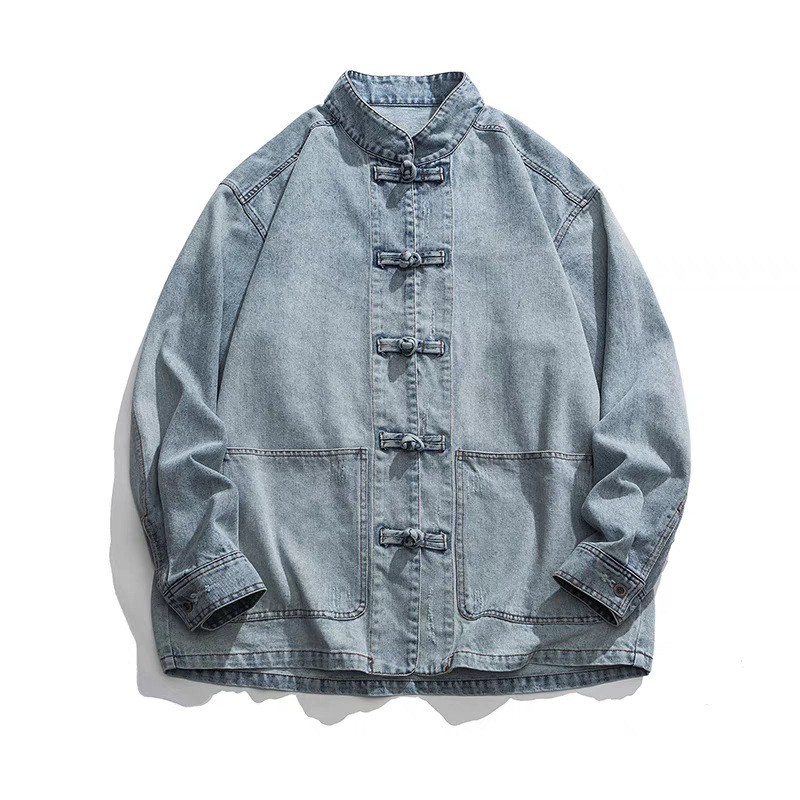 Mens Stand Collar Jean Denim Jacket Tang Style Chinese Knot Coats