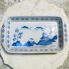 Asian Pagoda Design Vintage Blue and White Porcelain Serving Tray Japanese Dish