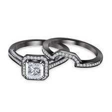 2 CT Princess Lab Created Diamond Bridal Wedding Ring Set 14K Black Gold Over