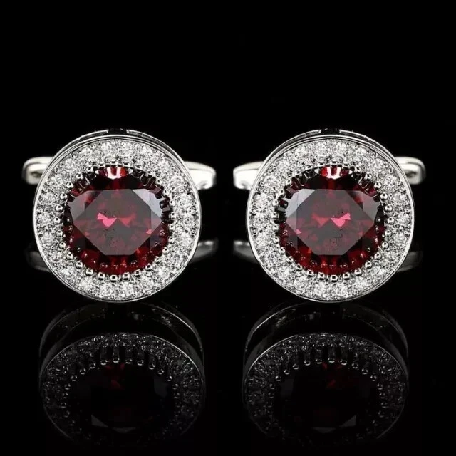 Gemelos de lujo para hombre de rubí rojo creados en laboratorio de corte redondo de 3 quilates acabado en oro blanco de 14 quilates Foto 2 de 3