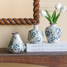 3x White+Blue Ceramic Vases, Mini 4.9"H Narrow Mouth Bottles Home Decoration